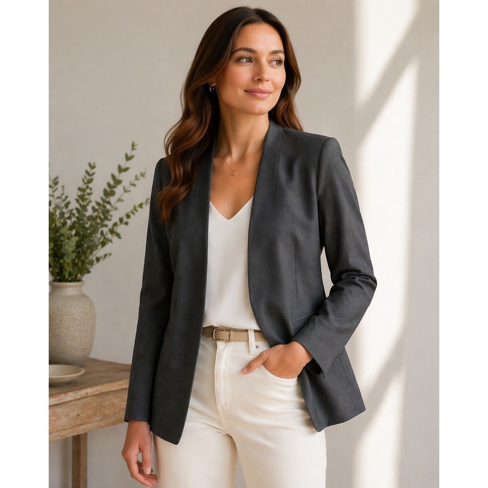 Ann Taylor Petite Gray Open Front Blazer 12P Career Work Minimalist Stretch